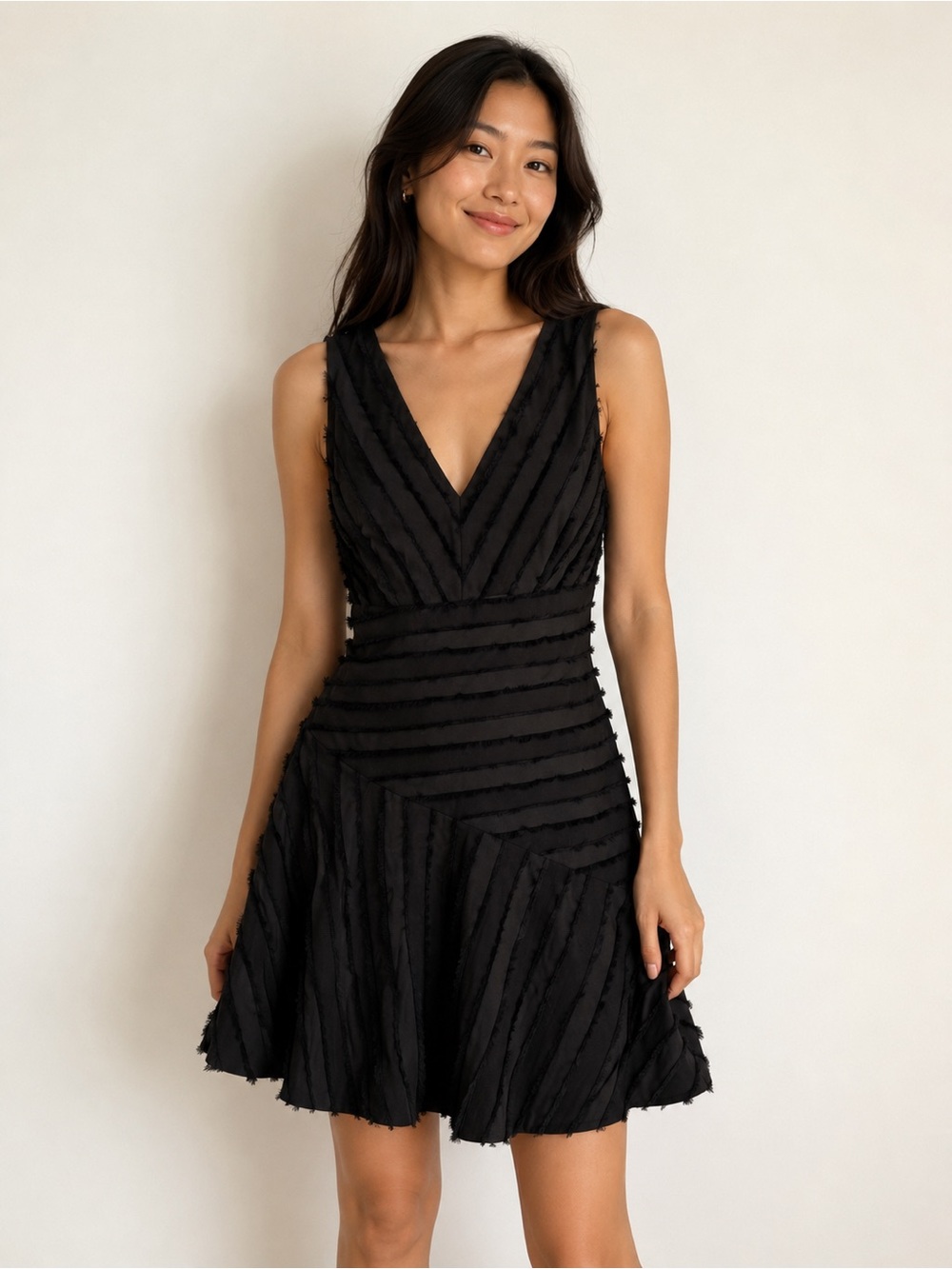 Rebecca Taylor Black V-Neck‎ Textured Mini Dress